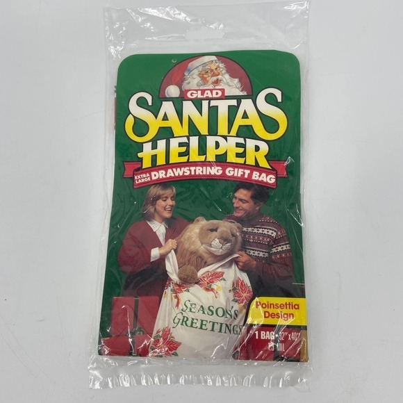 VINTAGE Lot of 2 Glad Santa's Helper XL Drawstring Gift Bag Poinsettia 32" x 40" - Picture 3 of 9